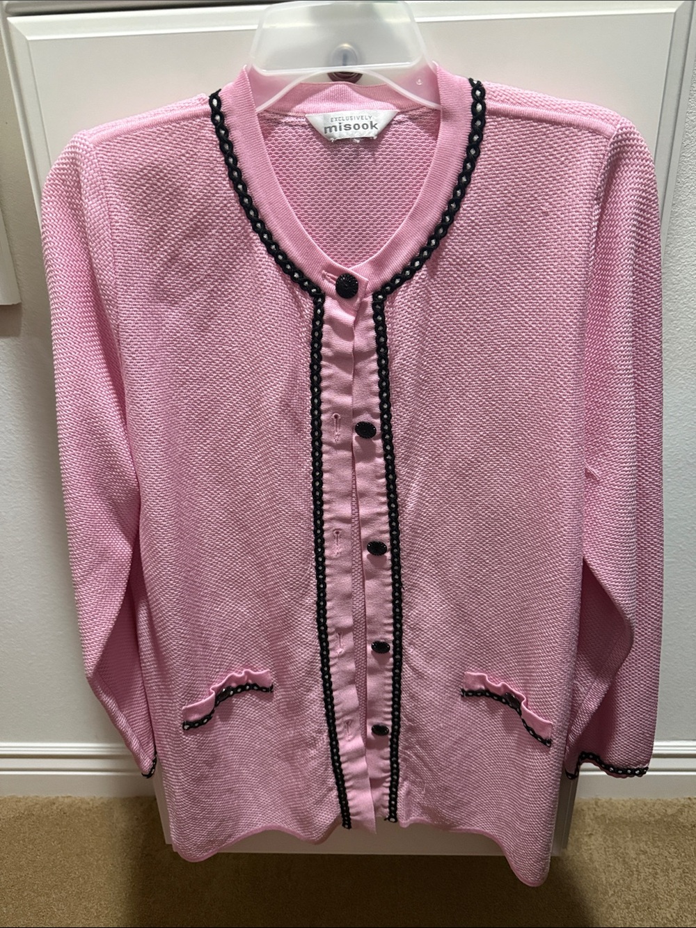 Misook Pink Knit Cardigan with Black Trim and Buttons